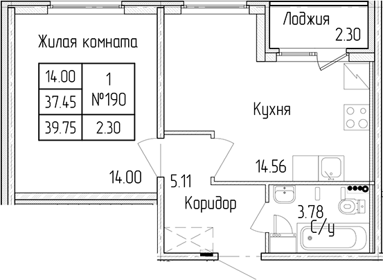 1-комнатная квартира 37.45 м², 1/4 эт., ЖК «Любоград в Стрельне»